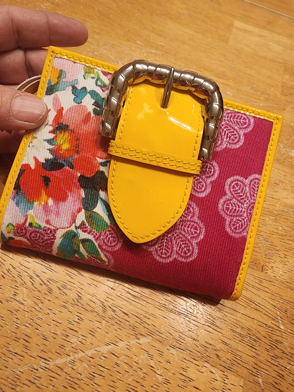 Dolce & Gabbana floral and pink fabric wallet  bright yellow patent leather